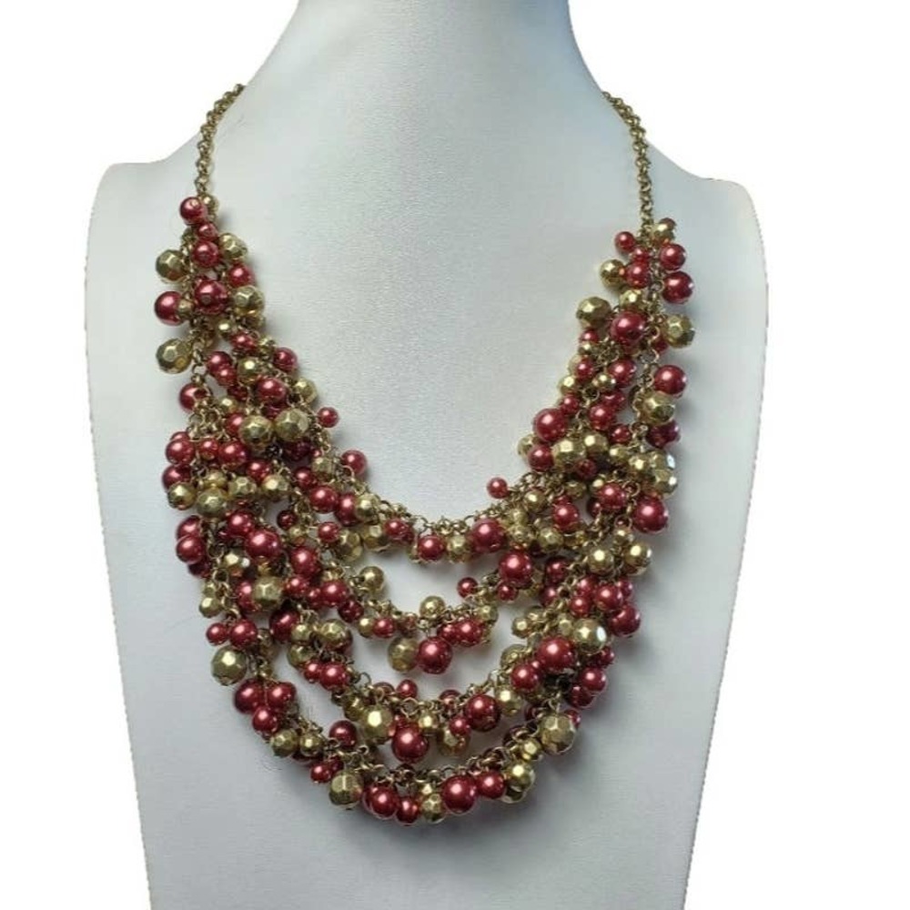 18" Dell’Olio Multi-Strand Beaded Statement Necklace Burgundy & Gold